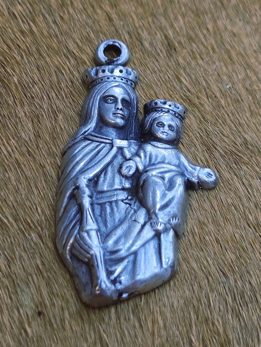 Vintage Religious Madonna and Child Silver Tone Pendant Stamped Italy